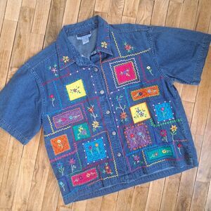 Vintage Sara Studios 1X PLUS Floral Embroidered Patchwork Short Sleeve Shirt Top